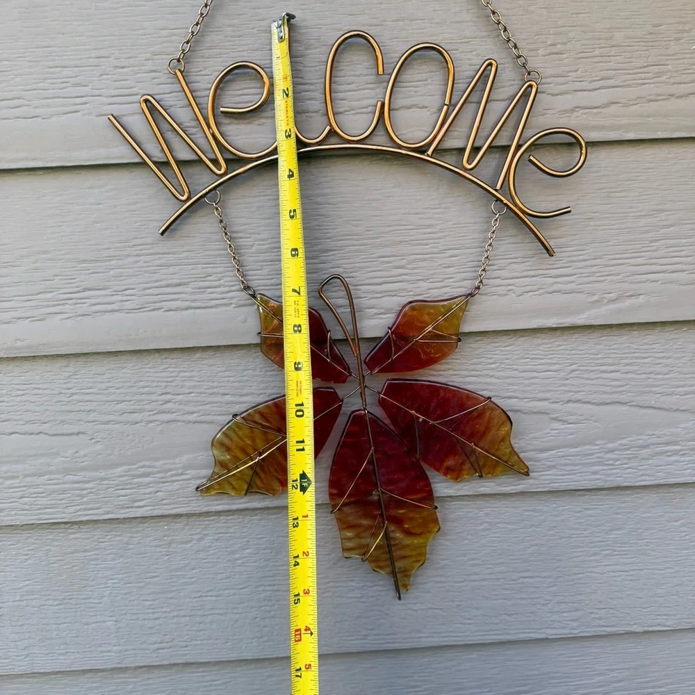 Copper Welcome Sign With Glass Maple Leaf Rustic Country Handmade Artisan Pretty